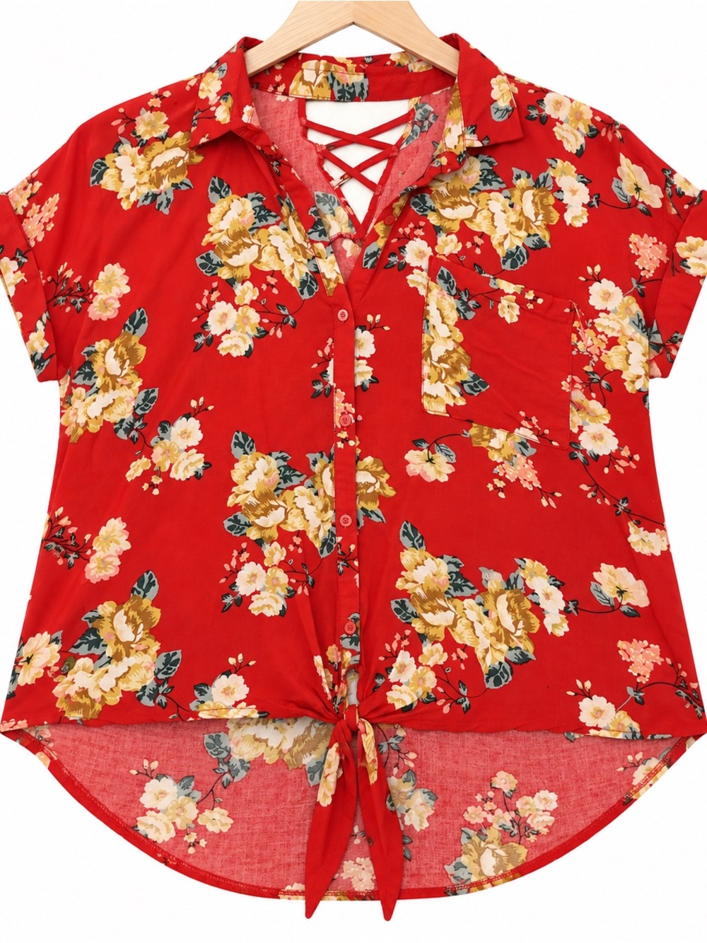 No Boundaries XXL Red Floral Tie-Front Button-Down Blouse